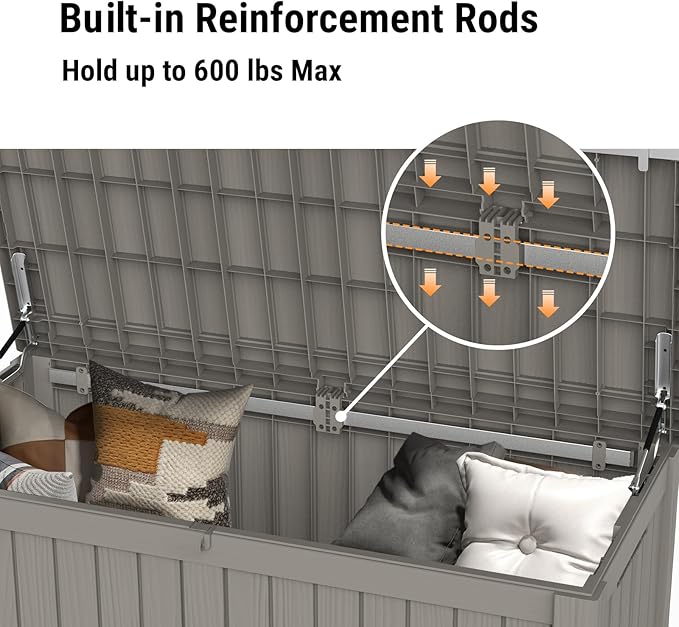 Mars Villa Deck Box, Waterproof and Weatherproof Large Resin Storage Bin with Lockable Lid, Ideal for, Outdoor, Patio Furniture Cushions, Pool Supplies, Garden Tools (119 Gallon, Grey)