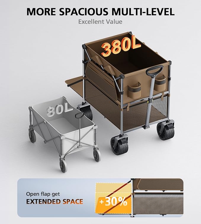 Sports Wagon Carts,480Lbs Double Decker Wagon,Foldable Lounge Wagon with Tank Wheels&Side Pocket&Dustbag,New Wave Garden,Camping,Shopping,Beach Wagon to Family Trips and Outdoors Time-Brown