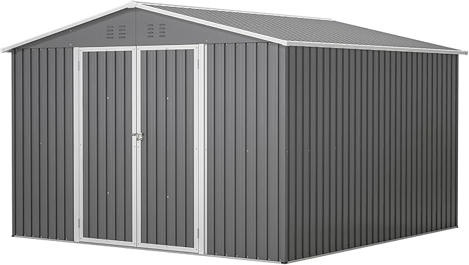 10×10 FT Outdoor Storage Shed,Metal Aluminum Waterproof Tool Sheds with Doors and Vents,Heavy-Duty Sheds Unit W/Lock and Key,for Storing Bicycles,Lawnmowers,Barbeques,Gray