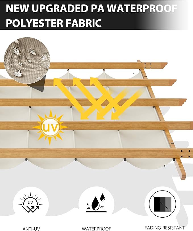 10x13 Ft Outdoor Aluminum Pergola, Upgraded Faux Wood Grain Retractable Pergola with Adjustable Roof & Side Mesh Screen, Modern Metal Patio Gazebo for Deck, Backyard, Porch, Vineyards, Beige + White