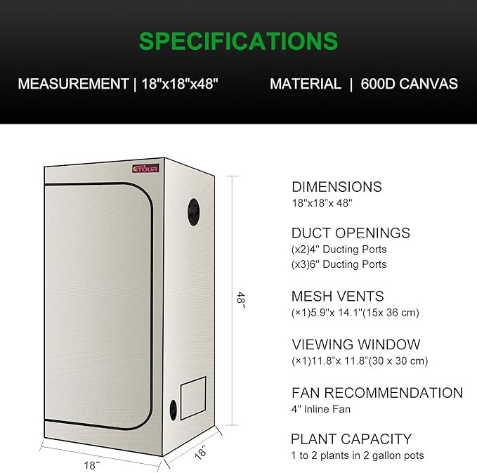 ATOUR 1.5'x1.5' LED Grow Light Specil Tent, 18"x18"x48" High Reflective PE Film Grow Tent, 1680D High Strength Canvas Plant Tent with Observation Window & Floor Tray for Hydroponics Indoor Plant