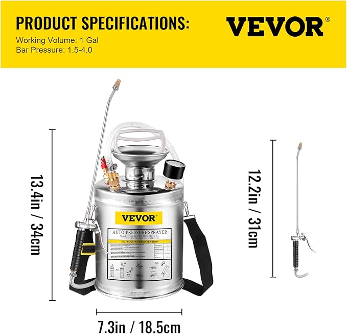 Happybuy 1 Gallon Stainless Steel Pump Sprayer, 12" Wand & 3FT Reinforced Hose, Pressure Gauge, Safety Valve & Adjustable Nozzle, Garden Weed Sprayer for Lawn, Gardening, Sanitizing