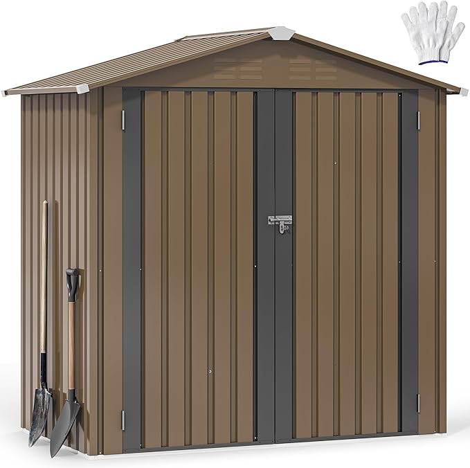 DWVO 6x4ft Metal Outdoor Storage Shed, Waterproof Tool Shed Heavy-Duty Storage Unit with Lockable Door and Vents, Ideal for Bicycles, Tools, Lawnmowers, Backyards, Patios, Lawns - Brown