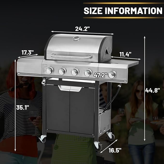 4-Burner Propane Gas BBQ Grill with Side Burner, 51000 BTU Stainless Steel Gas Grill with Rain Cover for Outdoor, Camping, Barbecue Grilling Backyard Cooking (4+1 burner)