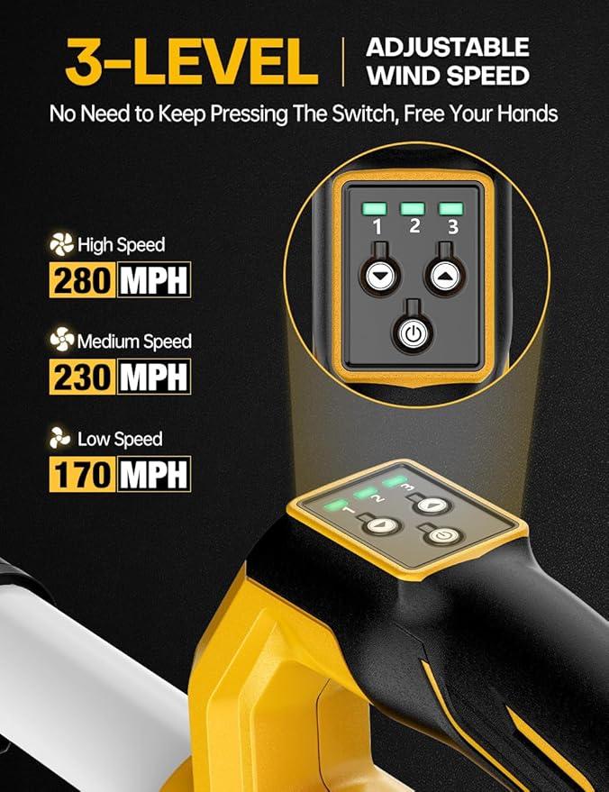 Cordless Leaf Blower for DEWALT 20V Battery, 31000RPM Brushless Motor, 650CFM/280MPH,Lock-On Switch,60° Adjustable Head, Telescopic Pole & 3-Speed Lightweight Blowers for Lawn Care, Snow Removal, Yard