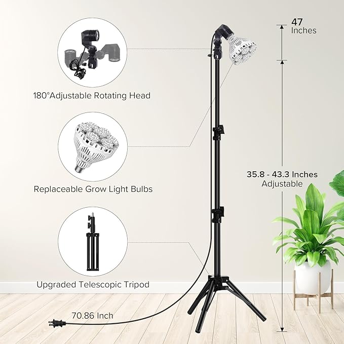 SANSI Grow Lights for Indoor Plants, Dimmable Br30 40W Plant Lights for Indoor Growing, 35.8"-47" Adjustable Tripod Standing Grow Light Plant Light with Remote Control Auto On/Off Timer