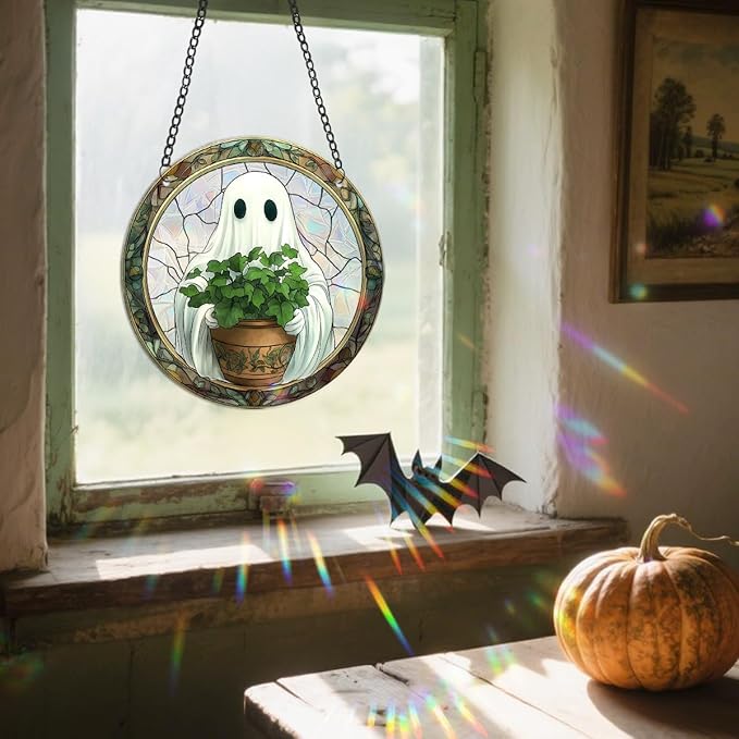 Halloween Sun Catcher - 8 Inch Round Suncatcher for Window Hanging Decoration - Creates Indoor Rainbows Light Refraction - Spooky Ghost, Witch, Pumpkin Design - Suction Cup Hook & Chain