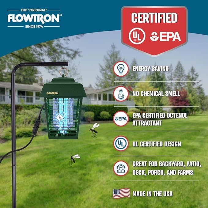 Flowtron Electric Bug Zapper 1/2 Acre Outdoor Insect Control with Dual Lure Method, 15W UV Light & Octenol Attractant for Fly & Mosquito, 5600V Kill Grid, Made in USA, UL Certified - Green Color