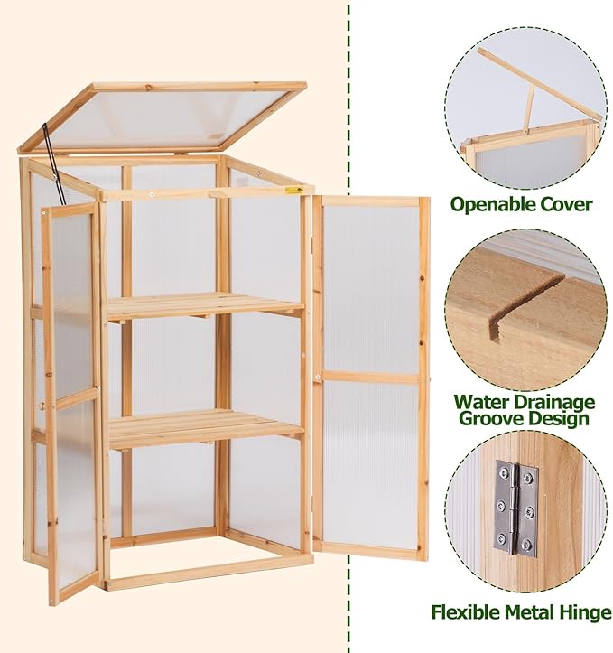 BIGTREE Wooden Green House Mini Greenhouse Indoor/Outdoor Nursery Vented Cold Frame Portable Garden Planter Raised Plants Top Opening Door (27"X19"X47")