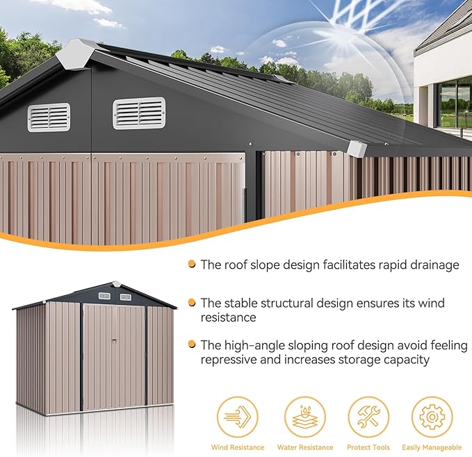 Aoxun 7x5 FT Outdoor Storage Shed with Floor Garden Metal Shed with Lockable Door Outdoor Large Shed for Tool, Garbage Can, Bike, Mower, Brown