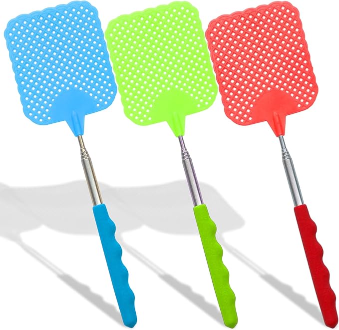 3 Pack Fly Swatters Set - Plastic Fly Swatters Heavy Duty - Square Fly Swatters with Stainless Steel Handle for Indoor and Outdoor - Blue + Green + Red