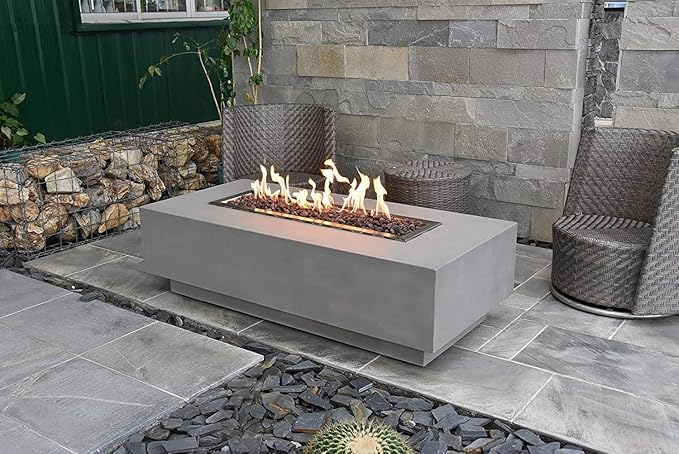 Elementi Granville Gas Fire Pit Cast Concrete Fire Table, Outdoor Fire Pit Electronic Ignition | Canvas Cover, Lava Rock Included | Free AMS Wind Guard | Light Gray (Natural Gas)