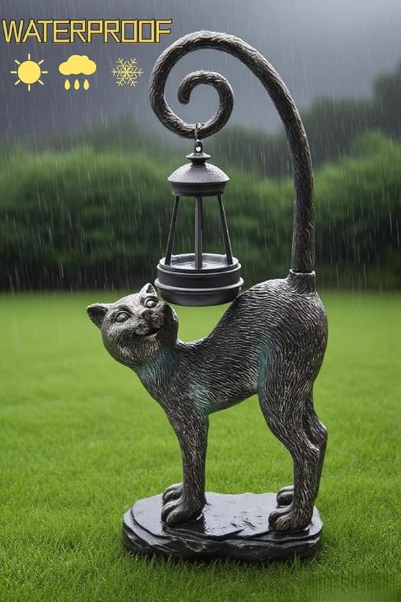 Solar Cat Outdoor Statues Halloween for Garden: Outdoor Decor Cat Figurine for Yard, Lawn, Patio, Porch, Balcony - Animal Art for Home Backyard - Birthday Gifts for Women Grandma Mom Sister