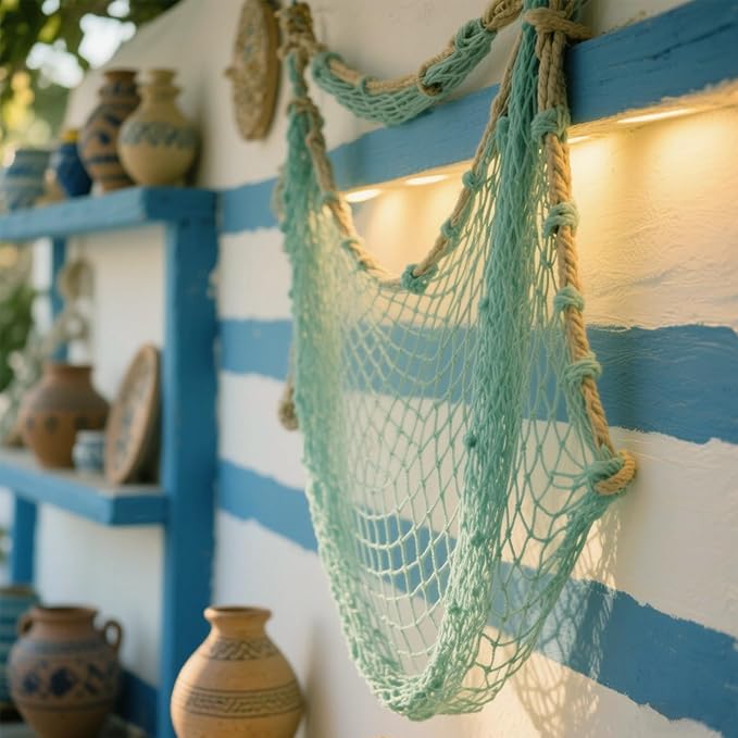 2 Pack Fish Net Decorations for Party, Natural Cotton Hawaiian Party Fishing Net Decorative, Nautical Themed Cotton Fishnet Under The Sea Pirate Ocean BeachHalloween Decor Blue