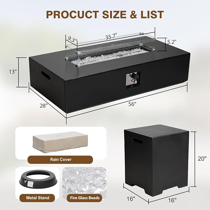 3-Piece Outdoor Propane Fire Pit Table Set – Premium Marble-Like MgO Finish, 56-Inch Gas Fire Table with Tank Table & Glass Wind Guard for Patio, Garden & Backyard, Includes Rain Cover & Glass Beads