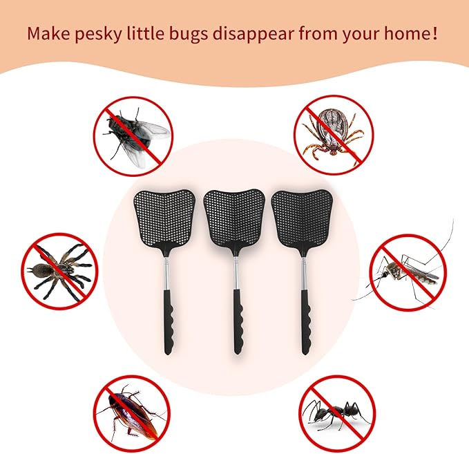 Fly Swatters 3 Pack Black, Durable Telescopic Stainless Steel Handle, Heavy Duty Upgraded Plastic Fly Swatter Set for Indoor Outdoor Home Hiking Camping Garden