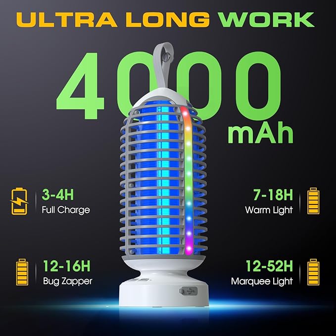 Bug Zapper Outdoor Indoor, 2 Pack Cordless Mosquito Zapper with LED Lights and Marquee Lights, Rechargeable Fly Zapper Outdoor Waterproof for Camping, Patio, Backyard, Garden, Home