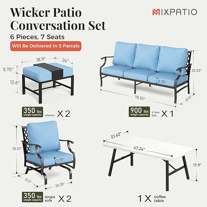 Patio Furniture Set 6 pcs, Outdoor Patio Furniture, 3-Seat Sofa, 2 Rocking Chairs, 2 Ottomans, Coffee Table and 5.75" Extra Thick Cushion, Patio Conversation Set for Backyard Deck,Blue