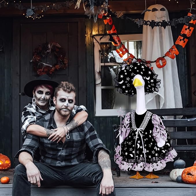 AZYM Halloween Porch Goose Outfits,3 Pcs/Set Yard Goose Statue Clothes for 23" Statue Patio Lawn Garden Halloween Decoration(Black Halloween Night)