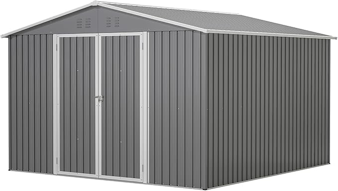 10×10 FT Outdoor Storage Shed,Metal Aluminum Waterproof Tool Sheds with Foundation,Doors & Vents,Heavy-Duty Sheds Unit W/Lock & Key,for Storing Bicycles,Lawnmowers,Barbeques,Gray