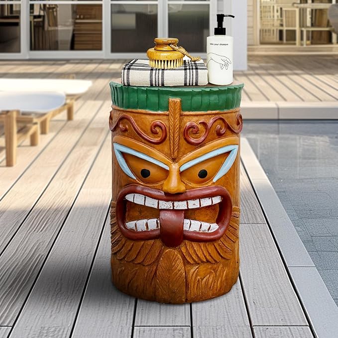 SKYFIRE Decorative Side Table - The Grande Tiki Face Kanaloa Teeth Indoor Sculptures Home Decor Tiki Statues Outdoor for Garden, Patio, Yard, Bar, Office, House Decor -20" H Concrete Stool End Table