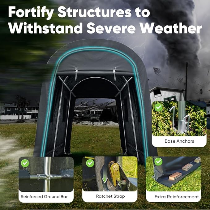 ADVANCE OUTDOOR 7x12 ft Shelter Storage Shed Steel Metal Round Peak Roof Portable Garage Carport for Motorcycle, Boat, or Garden Tools with 2 Roll up Doors & Vents, Gray