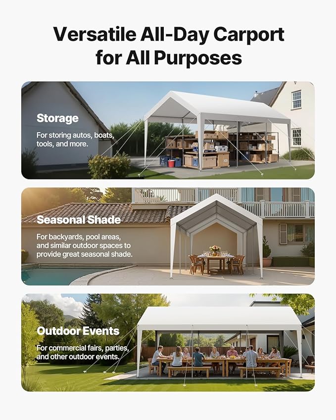 VEVOR Carport, 10 x 20 FT Outdoor Car Canopy, Potable Carport, Heavy Duty Galvanized Cars Shelter, UV-Resistant & Water-Resistant, All-Season Protection, Storage Shed for Car Boat Motorcycle White