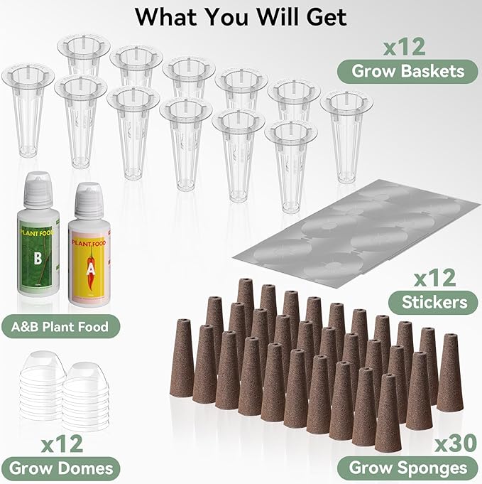LYKOCLEAN 68pcs Hydroponic Pods Kit for Aerogarden and idoo, Grow Anything Kit with 30 Grow Sponges, 12 Grow Baskets, 12 Grow Domes, 12 Pod Labels, 2 Plant Food, Compatible with Hydroponics for All