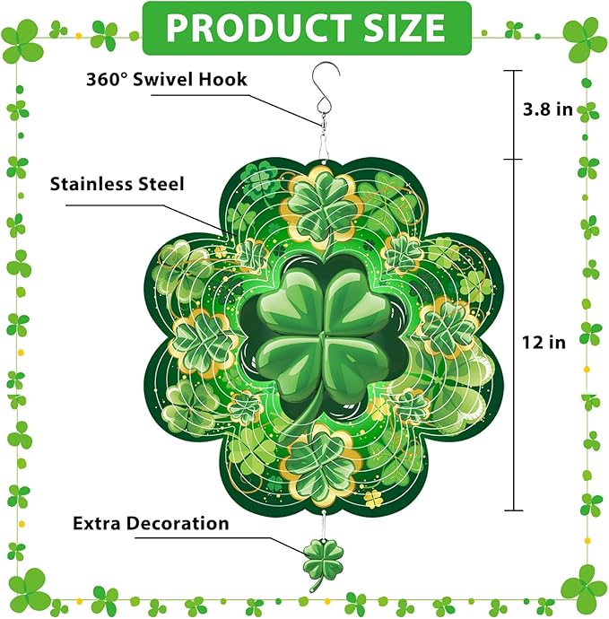 St. Patrick's Day Wind Spinner, St Patricks Day Decorations Gifts for Women, 3D Shamrock Hanging Wind Spinners for Outdoor & Indoor Decor, 12 Inch Metal Wind Spinner for Garden Yard Home Ornament