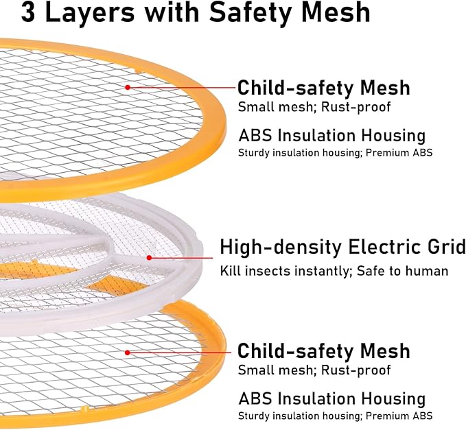 Electric Fly Swatter Handheld Bug Zapper - Indoor Outdoor 20in Zapping Racket for Pest Mosquito & Flies - Battery Powered Safe to Touch with 3-Layer Safety Mesh, Large Size, Pack of 2