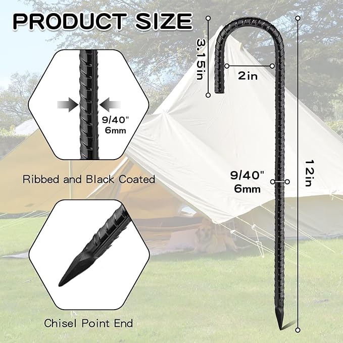 Black Rebar Stakes 12inx6mm Galvanized J Hook 4pcs – Heavy Duty Ground Tent Stakes for Fence,Bounce House,Outdoor Plants,Artificial Turf,Dog Coop,Metal Stakes for Christmas Decorations