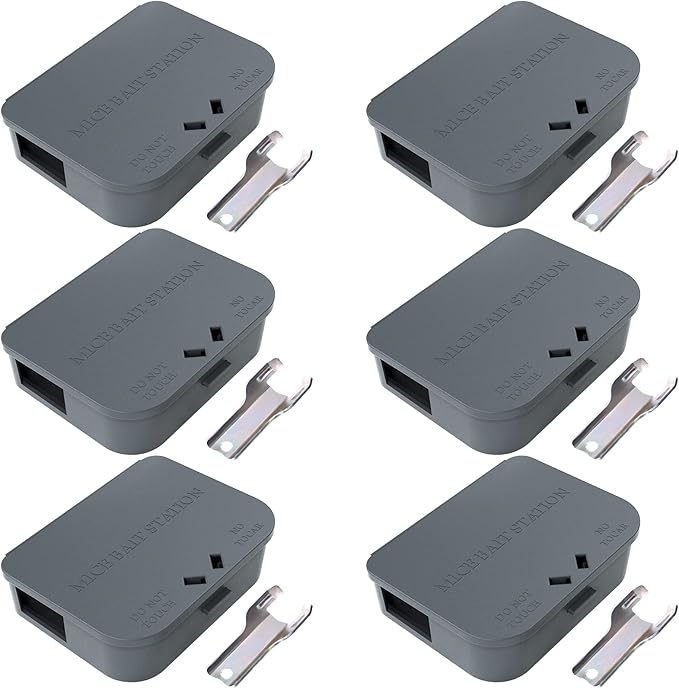 Mouse Stations with Keys 6 Pack, Keyless Design and Key Required Mouse Stations, Mice Stations, Keeps Children and Pets Safe Indoor & Outdoor, Gray