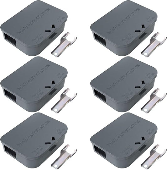 Mouse Stations with Keys 6 Pack, Keyless Design and Key Required Mouse Stations, Mice Stations, Keeps Children and Pets Safe Indoor & Outdoor, Gray