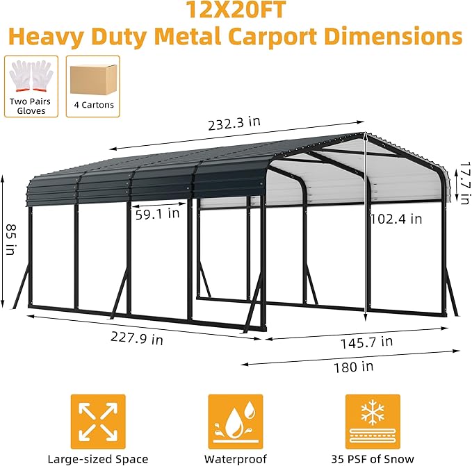 12x20 Ft Carport, Metal Carport with Galvanized Steel Roof and Reinforced Base, Heavy Duty Garage Car Shelter Shade, Outdoor Car Port Canopy for SUV, Truck, Boats