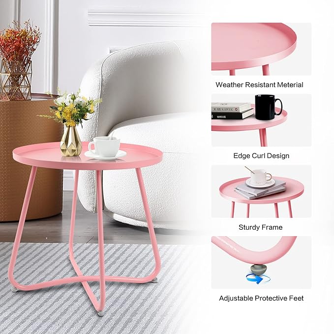 Babion Pink Round Side Table for Outdoor Patio, Yard, Garden, and Indoor Use - Small Steel Accent End Table