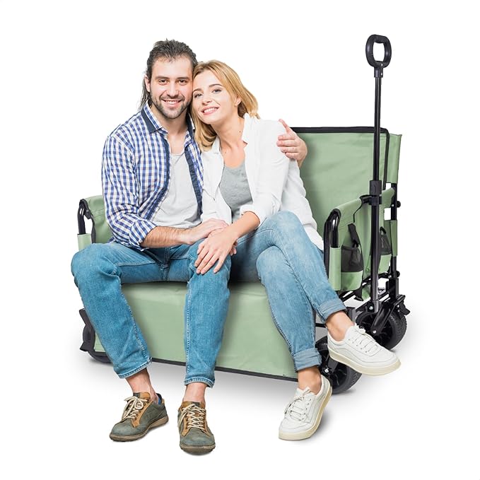 3-in-1 Large Collapsible Folding Wagon, BENEHIKE Foldable Beach Wagon with Rotated Wheels, 500lbs/225L Outdoor Utility Wagon Convert to Bench for Sand, Groceries, Camping, Sports, Shopping (Green)