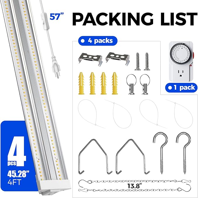 Barrina TX72 Grow Light for Indoor Plants, 4FT, 288W(4 x 72W, 2000W Equivalent), Full Spectrum with 660nm Red LEDs, High PPFD, Mechanical Timer, Linkable, Hanging Plant Lights for Greenhouse, 4 Pack