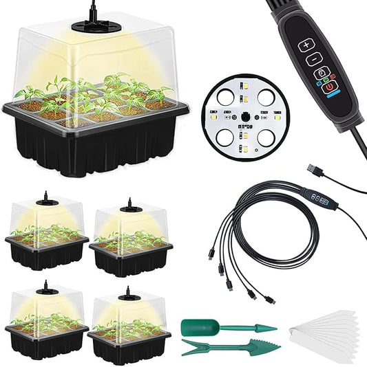 Seedling Starter Trays 5 Packs Seed Starter Tray with Grow Light, Smart Controller Seed Starting Trays Kit with Humidity Dome (60 Cells) Indoor Gardening Plant Germination Trays Black