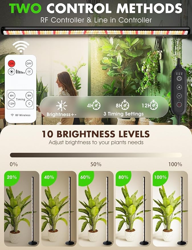 50 Inch Standing Grow Lights for Indoor Plants, 6000K Full Spectrum Plant Lights with Timer, 252 LEDs Vertical Grow Lights,10 Dimmable Levels, Adjustable Height Plant Growing Lamp, 120° Wide Coverage