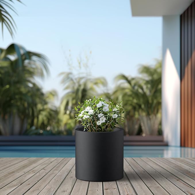 Kante 15.7" Dia Round Concrete Planter, Modern Style Large Cylindrical Plant Pot with Drainage Hole and Rubber Plug for Indoor Outdoor Patio, Burnished Black