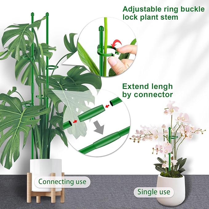 Plant Stakes 17 inch 10Pcs SupKing Support Stick Orchid Stakes with Clips Garden Plant Poles Extended to 3/4/5ft for Indoor Outdoor Potted Tomato Rose Amaryllis Vegetables Monstera Comes with 20 Ties