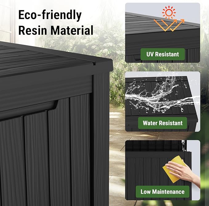 Mars Villa 119 Gallon Deck Box, Large Resin Outdoor Storage Box, Waterproof Storage Bin with Lockable Lid for Patio Furniture Cushions, Pool Supplies, Garden Tools, Weatherproof, Black