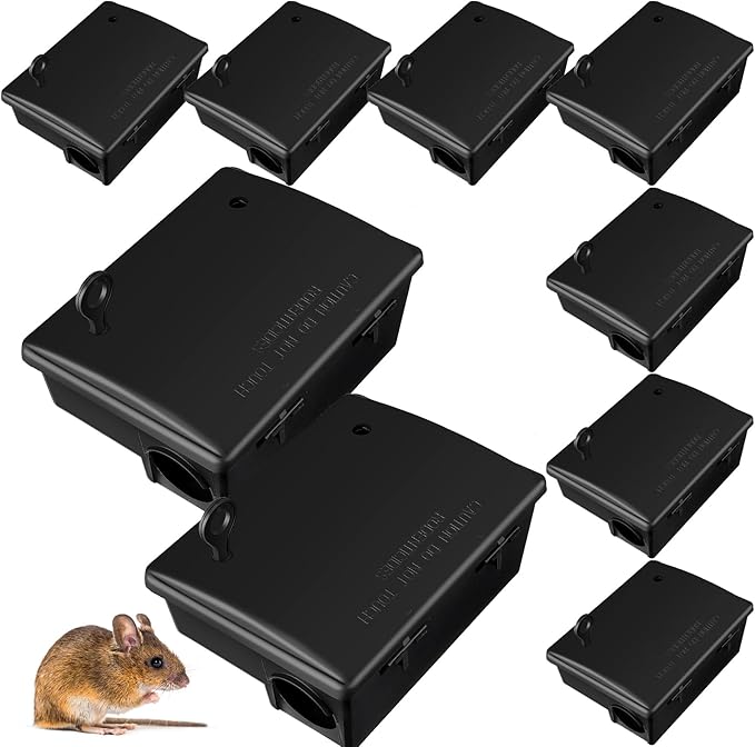 Qualirey Rat Bait Stations Large Rodent with Key Reusable Mouse Stations Mice Blocks Heavy Duty Boxes for Outdoor Rodents Mice Blocks, Bait Not Included, Black(8 Pack,9.8 x 7.5 x 3.9 Inches)