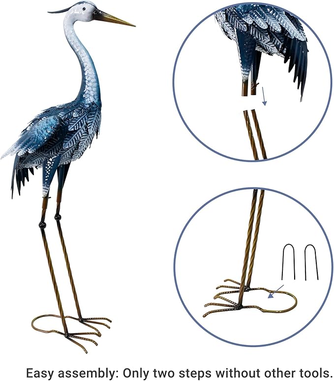 33-35 Inch Blue Heron Garden Statues for Outside, Metal Cranes for Yard Outdoor Decor, Standing Bird Sculptures for Patio, Lawn, and Backyard, Garden Sculptures & Statues, Set of 2