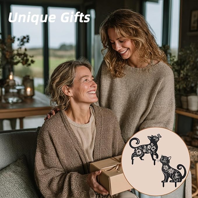 Metal Cat Garden Decor for Outside (2 Pack), 14" Yard Art Stakes,Unique Gift for Kitty Lovers, Outdoor Lawn Statues and Weather Resistant Yard Art