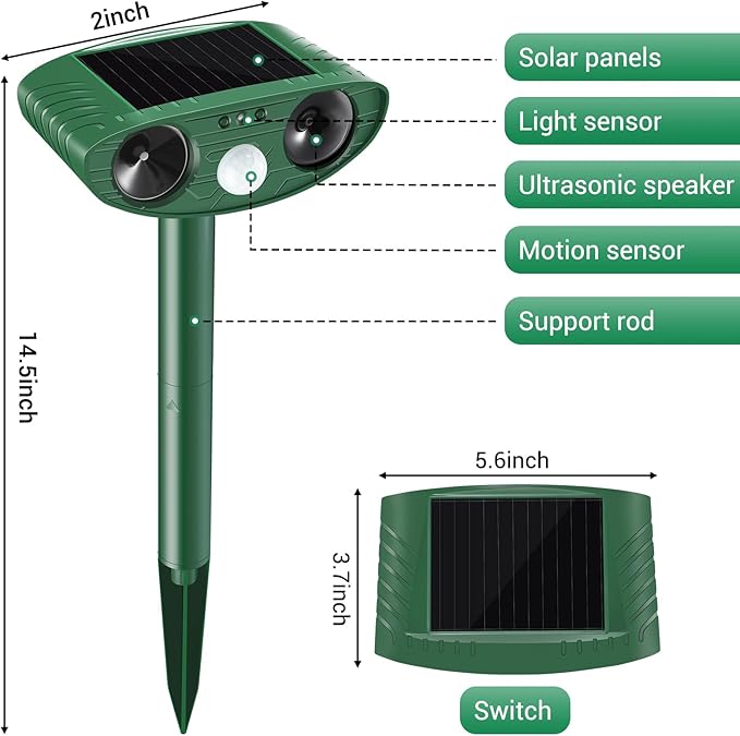 Cat Repellent Outdoor,2 Pack Solar Animal Repeller Ultrasonic Cat Deterrent with Motion Sensor Waterproof Pest Repeller Animal Deterrent for Garden Yard Skunks,Raccoon Birds Squirrels Deer