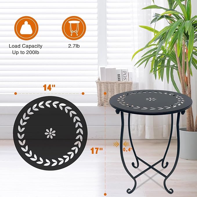 Metal Round Side Table, 2 Pack 14 Inch Bedside Table for Living Room, Weather Resistant Black Metal Outdoor Side Table for Patio Balcony Yard Porch Garden, Plant Stand for Indoor Outdoor Use