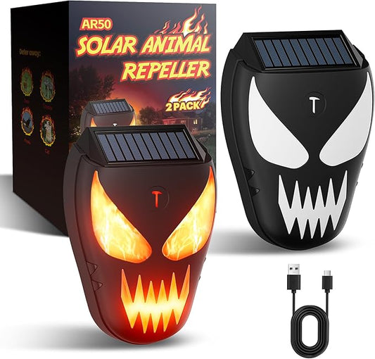 2 Pack Solar Racoon Repellent Outdoor Devices with Dynamic Flashing Lights, Effective Coyote, Raccoon, Skunk, Deer & Hawk Deterrent-Waterproof Predator Light for Chicken Coop, Garden, Farm