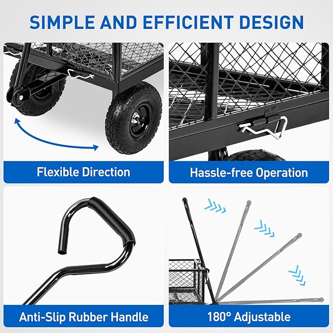 Yesker Steel Garden Carts - 1100lbs Dump Wagon with All Terrain Inflatable Wheels for Yard Lawn Farms Gardening - Heavy Duty Utility Outdoor Hauling Wheelbarrow