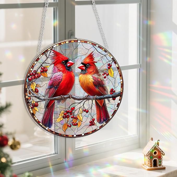 Xmas Suncatcher Bird Window Hanging - Christmas Snowman Suncatcher for Door Terrace Garden Home Decor， Winter Rainbow Maker Birthday Gifts for Lovers Women Men Dad Mom
